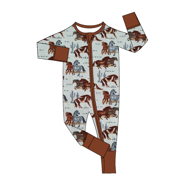 Baby Boy Long Sleeves Western Horse Cactus Zipper Romper