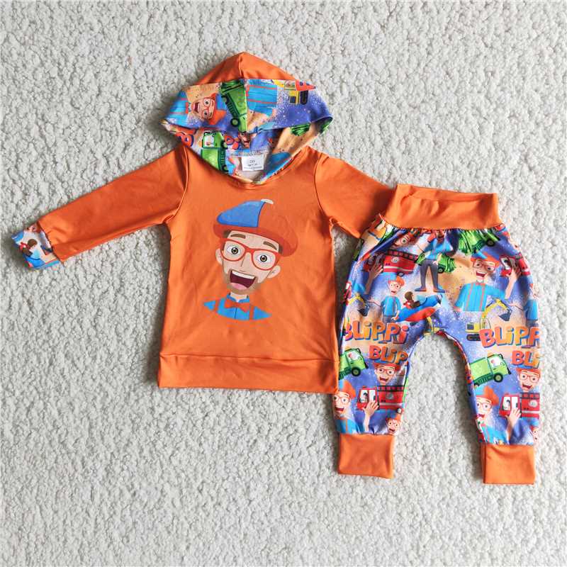 6 B8-19 Baby Boy Cartoon Long Sleeves Pants Hoodie Orange Outfit