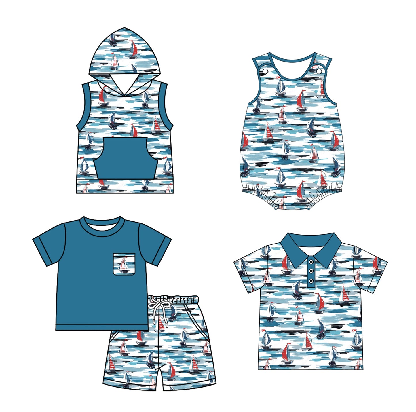 Baby Boy Boats Blue Sibling Romper Shirt Set ( Moq 5 Each Style ) 2.8