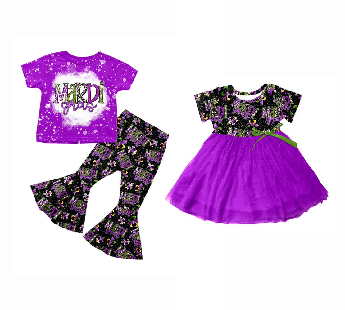 Baby Girl Mardi Gras Sibling Short Sleeves Purple Dress Clothes Set ( Moq 5 Each Design )11.21