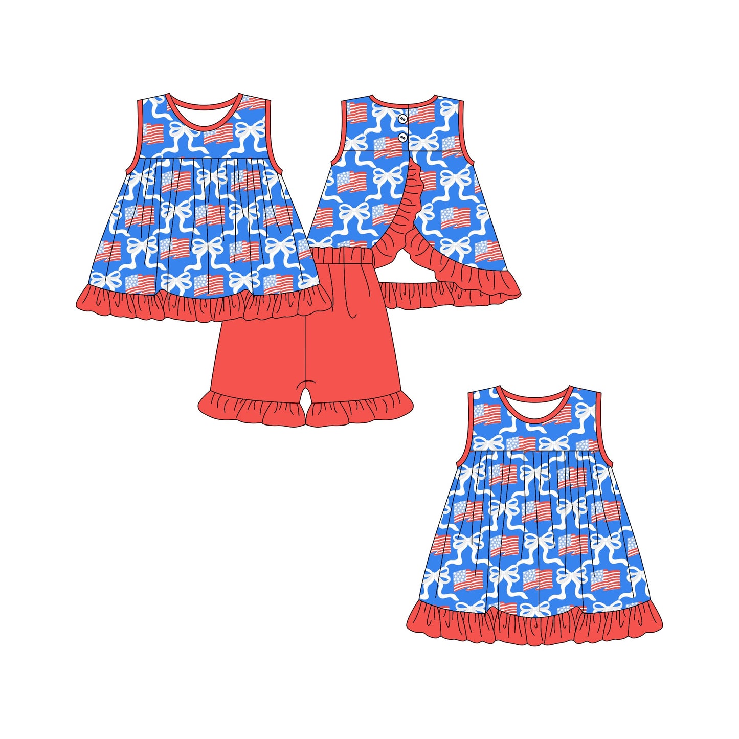 Baby Girl July 4th Flags Bows Sibling Dress Set ( Moq 5 Each Style ) 2.25