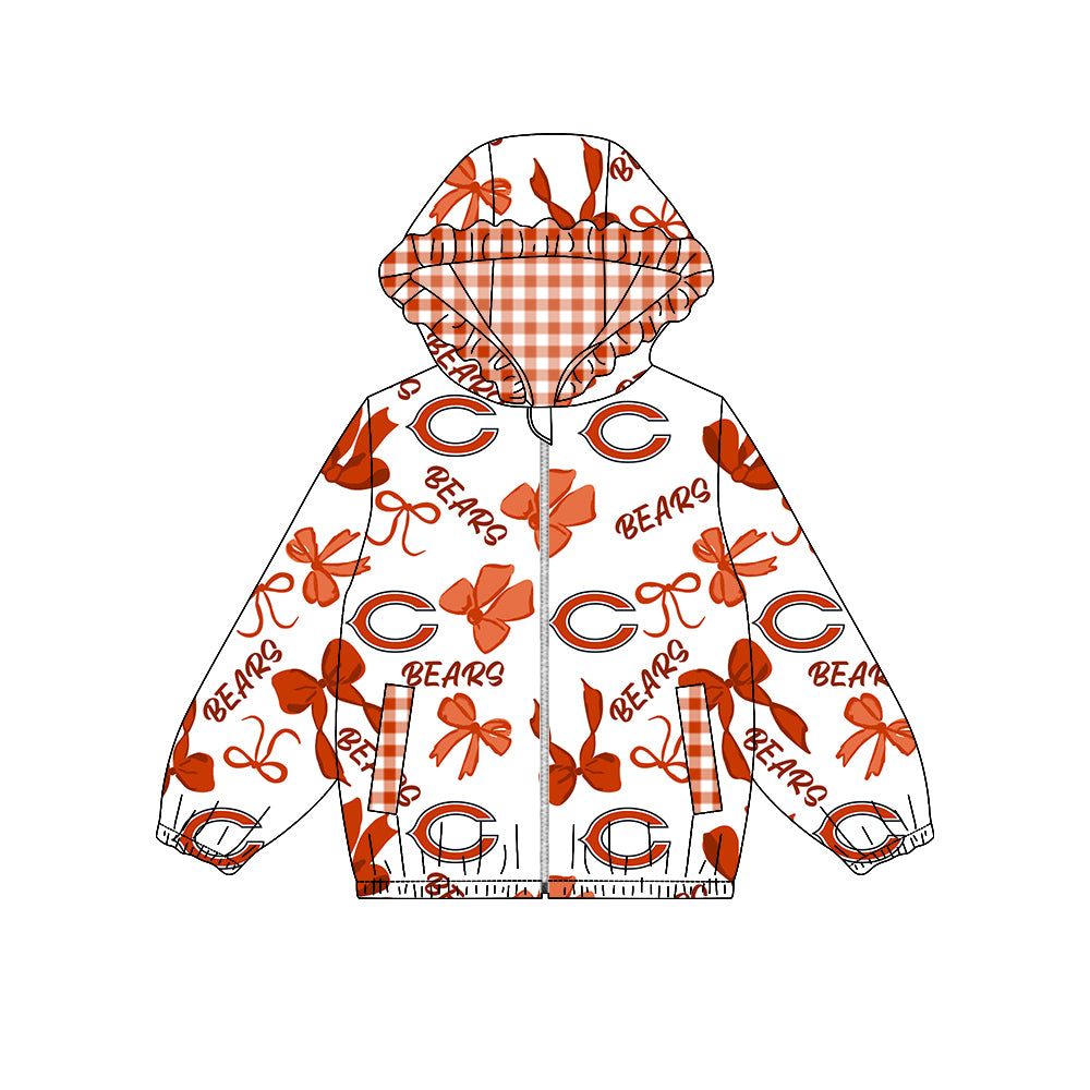 ( Moq 5 ) Preorder Baby Girl Kids Bows Pockets Zipper Orange Plaid Hoodie Jacket Coat Team Tops