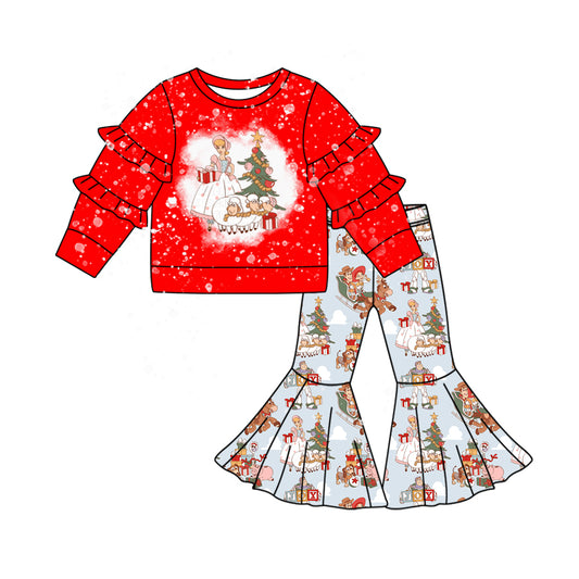 Baby Girl Long Sleeves Red Ruffle Tops Toys Cotton Bell Pants Christmas Set