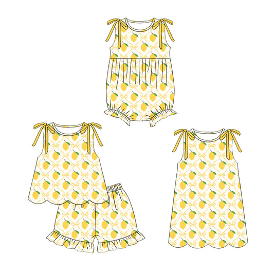 ( Moq 5 Each Style ) Sibling Baby Girls Kids Lemon Bows Flower Romper Dress Set Yellow Clothes