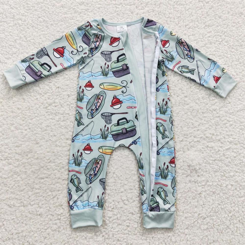 LR0321 Baby Boy Long Sleeves Zip Fishing Hunting One Piece Romper