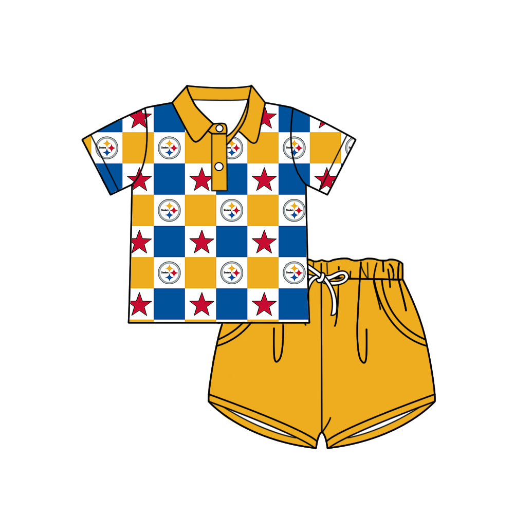 ( Moq 5 Each Style ) Baby Boys Girls Toddler Bows Team Sibling Blue Yellow Plaid Shorts Dress Sets Clothes