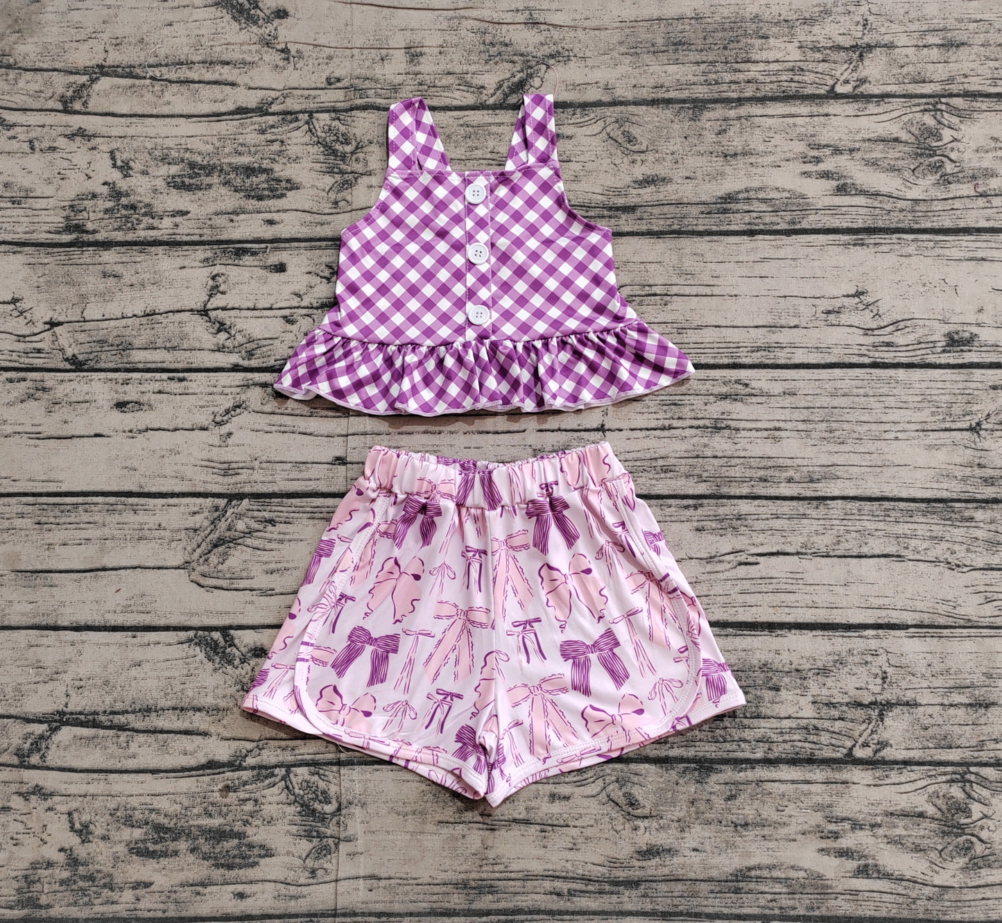 Baby Girl Straps Purple Checkered Tops Bows Shorts Clothes Set RTS