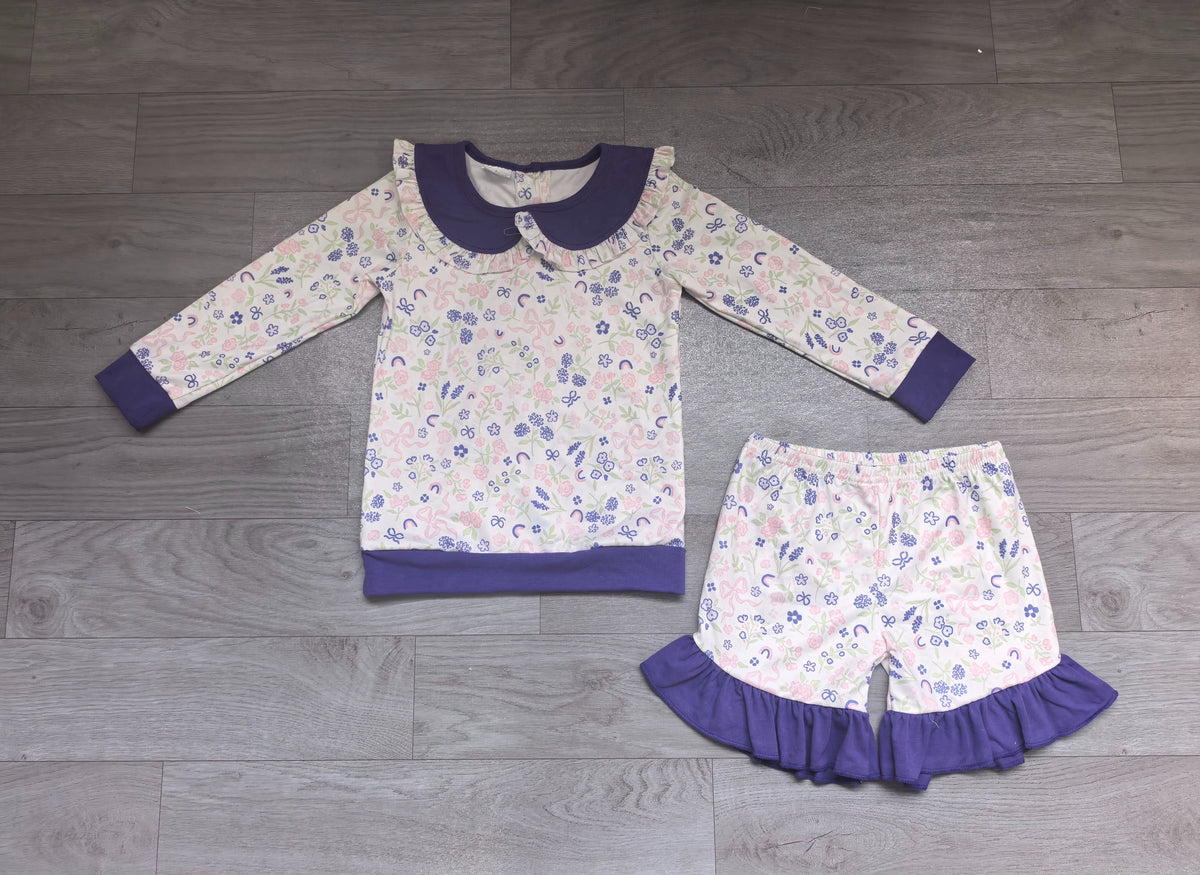 ( No moq ) Preorder Baby Girls Long Sleeve Flower Bows Ruffle Shirt Shorts Clothes Set