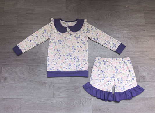 ( No moq ) Preorder Baby Girls Long Sleeve Flower Bows Ruffle Shirt Shorts Clothes Set