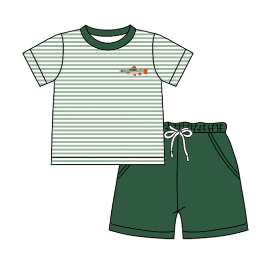 Baby Boy Short Sleeves Stripes Fishing Shirt Green Pockets Shorts Clothes Set Moq 5