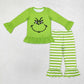 Baby Girl Long Sleeves Christmas Green Face Shirt Ruffle Pants Outfit Set