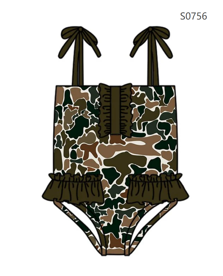 ( Moq 5 ) Preorder Baby Girls Kids Sleeveless Brown Green Camo Ruffle Summer One-piece Swimsuit