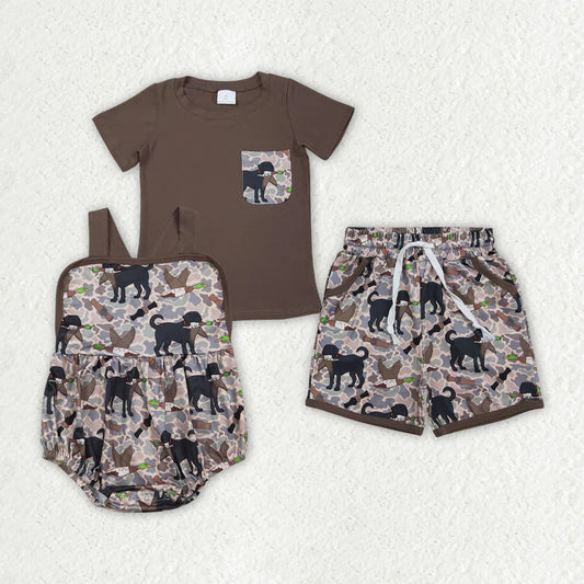 Sibling Baby Boys Kids Short Sleeves Shirt Pockets Shorts Dogs Camo Set Romper Clothes RTS