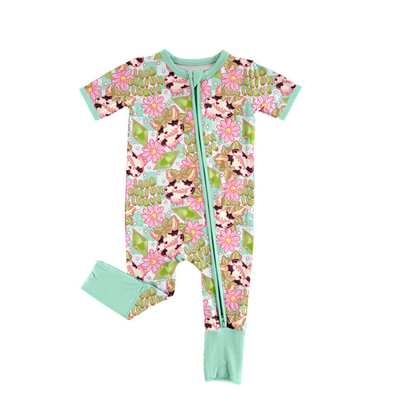 Baby Girl Infant Short Sleeves Cow Flower Western Sleeper Zipper Romper Moq 5