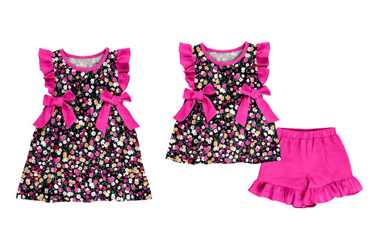 ( Moq 5 Each Style ) Baby Girls Kids Short Sleeves Floral Pink Bows Sibling Dress Set