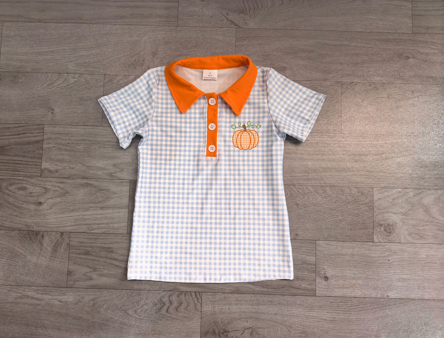 ( No moq ) Preorder Baby Boys Kids Embroidery Pumpkin Blue Plaid Buttons Shirt Kids Thanksgiving Clothes
