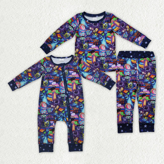 Baby Girl Long Sleeves Cartoon Monster Sibling Romper Pajamas Clothing Set RTS