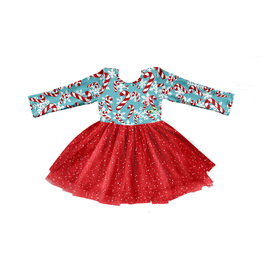 Baby Girl Blue Long Sleeves Christmas Candy Red Tulle Dress