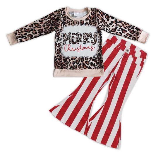 Baby Girl Long Sleeves Christmas Leopard Shirts Red Stripes Bell Denim Pants Outfit