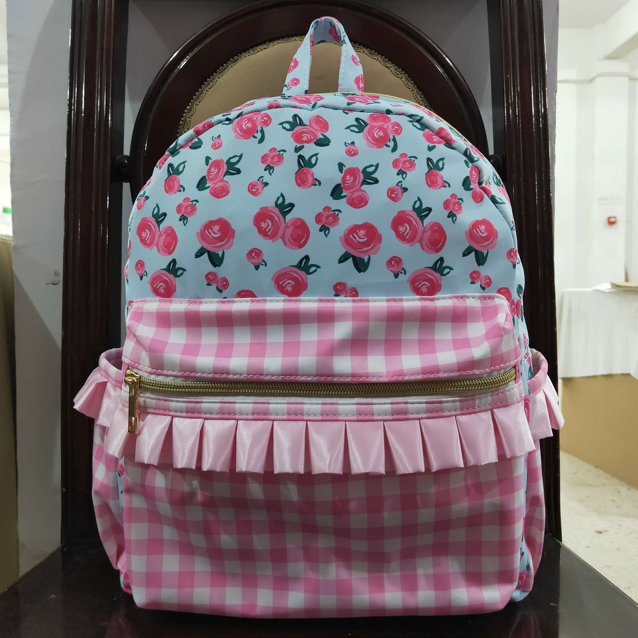 Baby Girl Flower Pink Checkered Backpack Bags