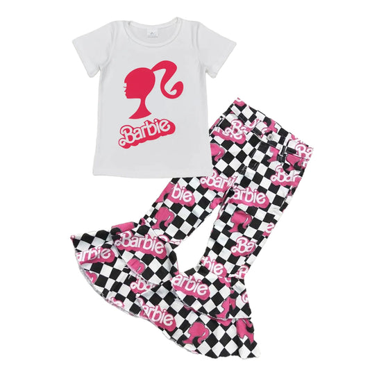 Baby Girl Short Sleeves Doll Shirt Checkered Bell Denim Pants Outfit