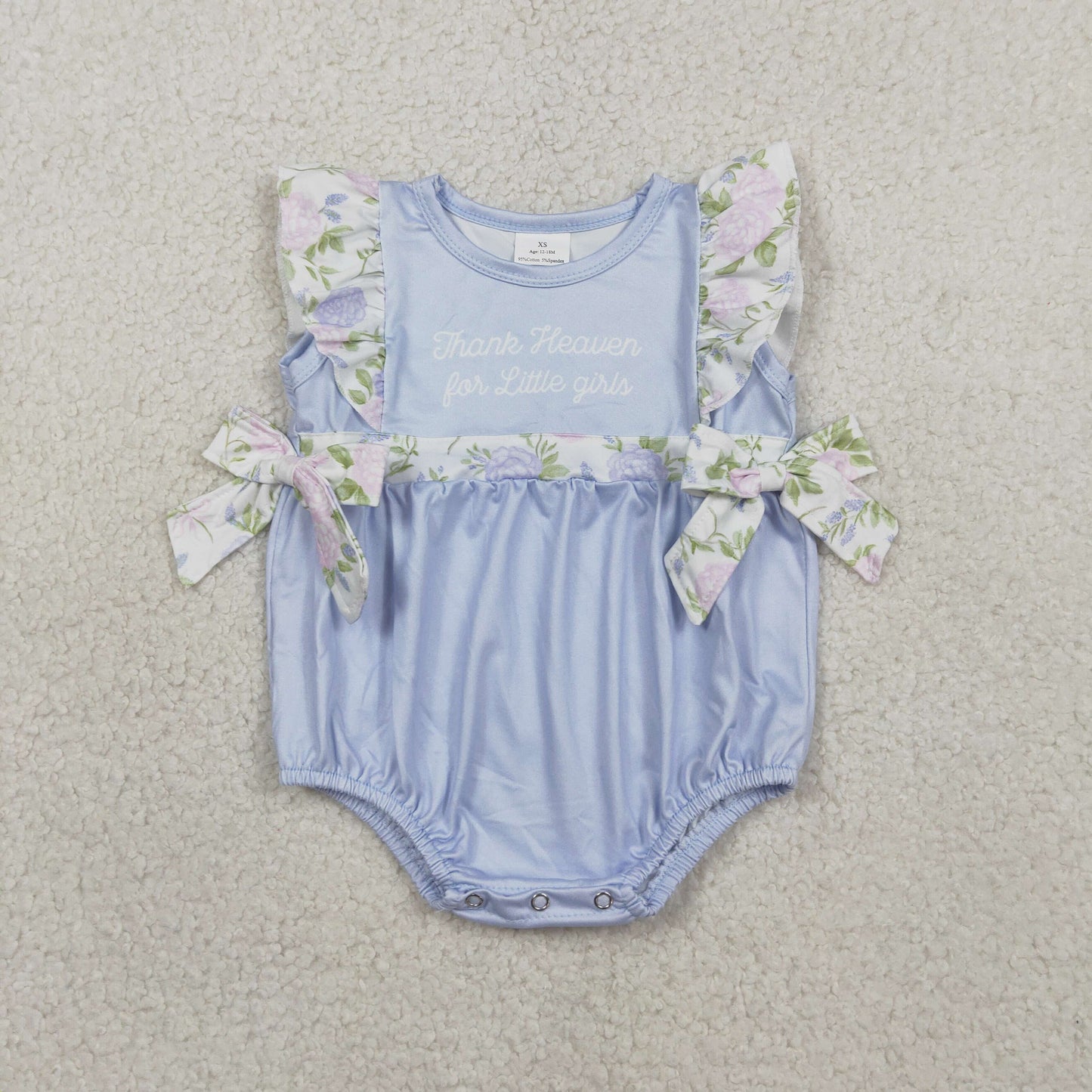 Baby Girls Infant Thank Heaven Floral Bows Blue Bubble Romper RTS