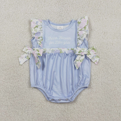 Sibling Baby Girls Kids Thank Heaven Bows Blue Tunic Floral Shorts Set Romper Clothes RTS