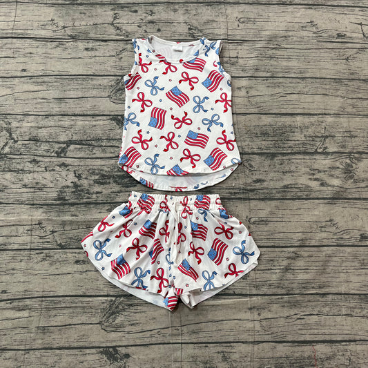 ( No moq ) Preorder Baby Girls Kids Sleeveless Tops Bows Stars Flags Shorts Set 4th of July Clothes