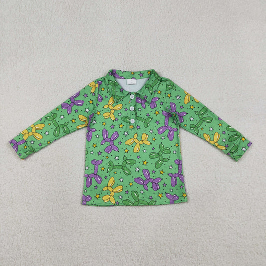 Baby Boys Kids Green Long Sleeves Balloons Mardi Gras Buttons Shirt Tops RTS