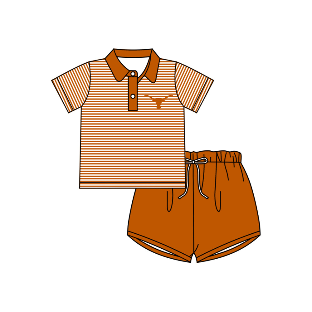 Baby Boy Short Sleeves Cow Team Stripes Shirt Orange Shorts Clothes Set ( Moq 5 )