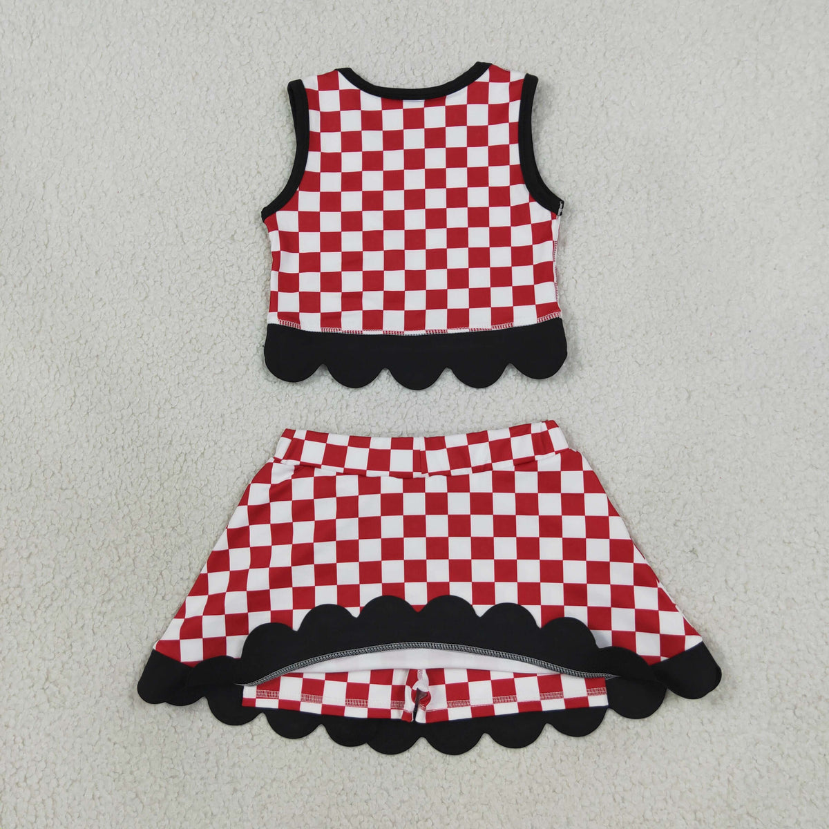 Baby Girls Kids Red Checked Shirt Scallop Bows Skirt Shorts Team Set Yoga Active Clothes RTS
