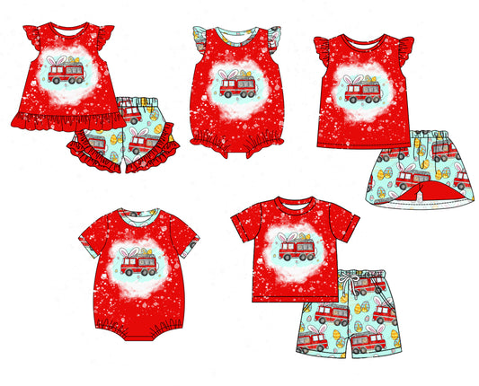 Baby Boy Girl Short Sleeves Easter Rabbits Eggs Bus Sibling Dress Romper Clothes Set ( Moq 5 Each style )12.4