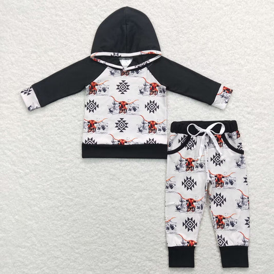 BLP0363 Baby Boy Long Sleeves Hoodie Western Cow Shirt Pocket Pants Set