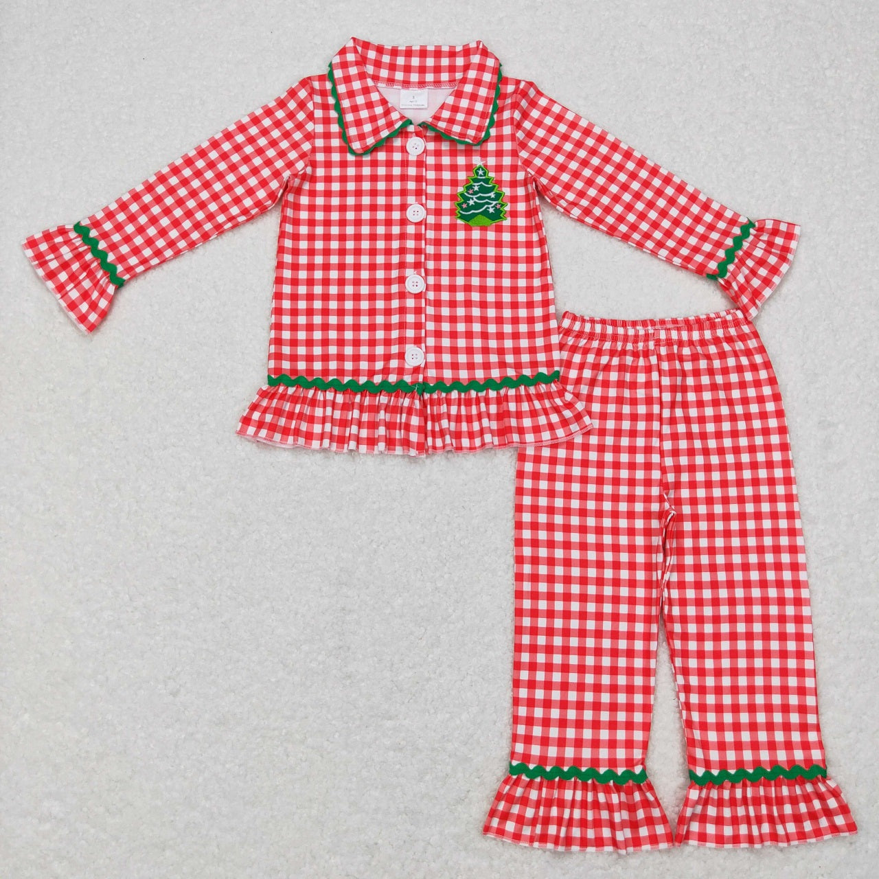 BLP0378 Christmas Baby Boy Long Sleeves Embroidery Tree Button Up Cardigan Red Plaid Pants Outfit Pajamas