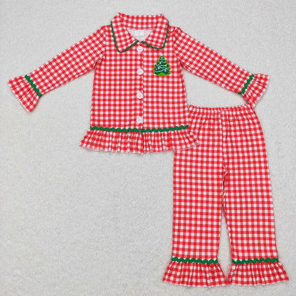 BLP0378 Christmas Baby Boy Long Sleeves Embroidery Tree Button Up Cardigan Red Plaid Pants Outfit Pajamas