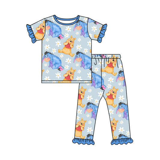 Baby Girl Short Sleeves Cartoon Bear Flower Shirt Pants Pajamas Set Moq 5