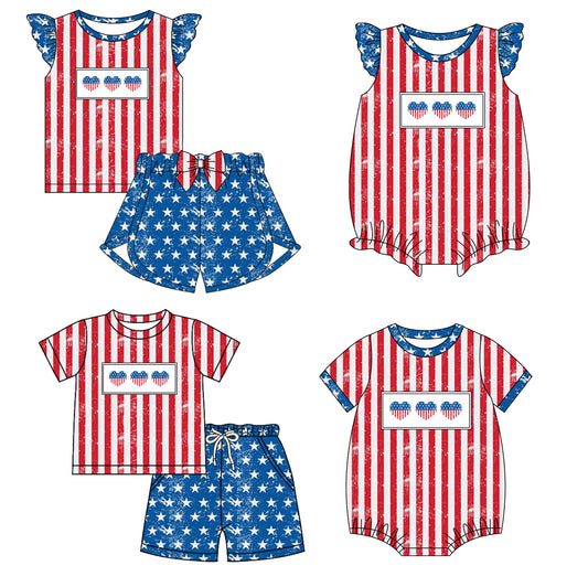 Baby Boy Girl July 4th Hearts Stars Stripes Sibling Romper Clothes Set ( Moq 5 Each style ) 11.26