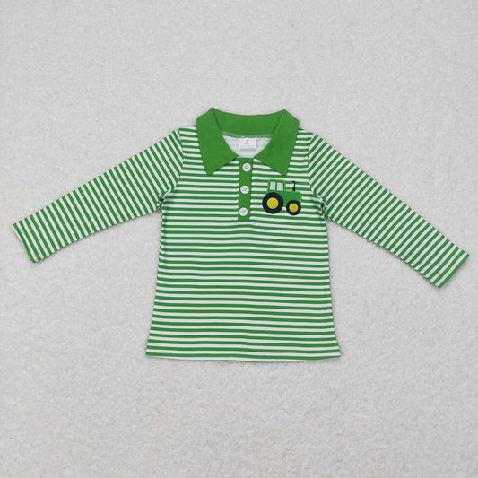 BT0405 Baby Boy Long Sleeves Embroidery Tractor Green Stripes Zipper Shirt