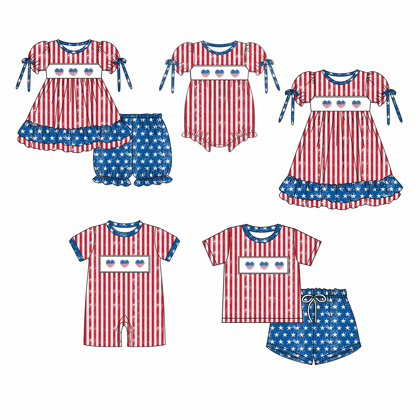 Baby Boy Girl July 4th Hearts Stars Stripes Sibling Dress Romper Clothes Set ( Moq 5 Each style ) 11.26