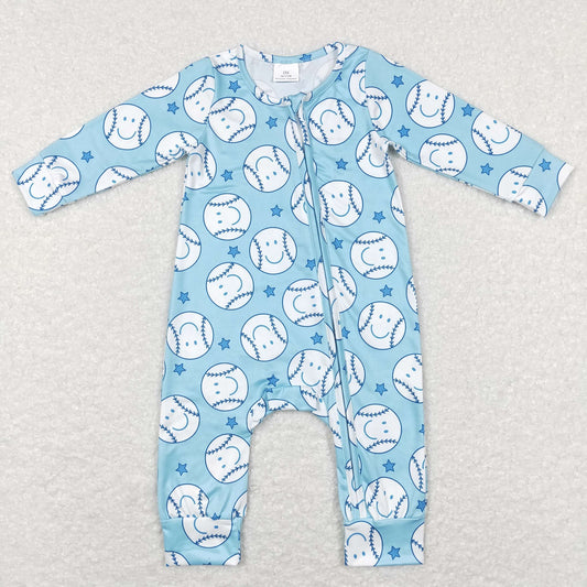 LR0824 Baby Boy Long Sleeves Baseball Blue One Piece Romper