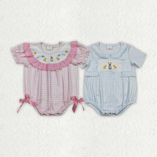 Sibling Baby Boys Girls Short Sleeves Rabbits Easter Plaid Bubble Rompers RTS