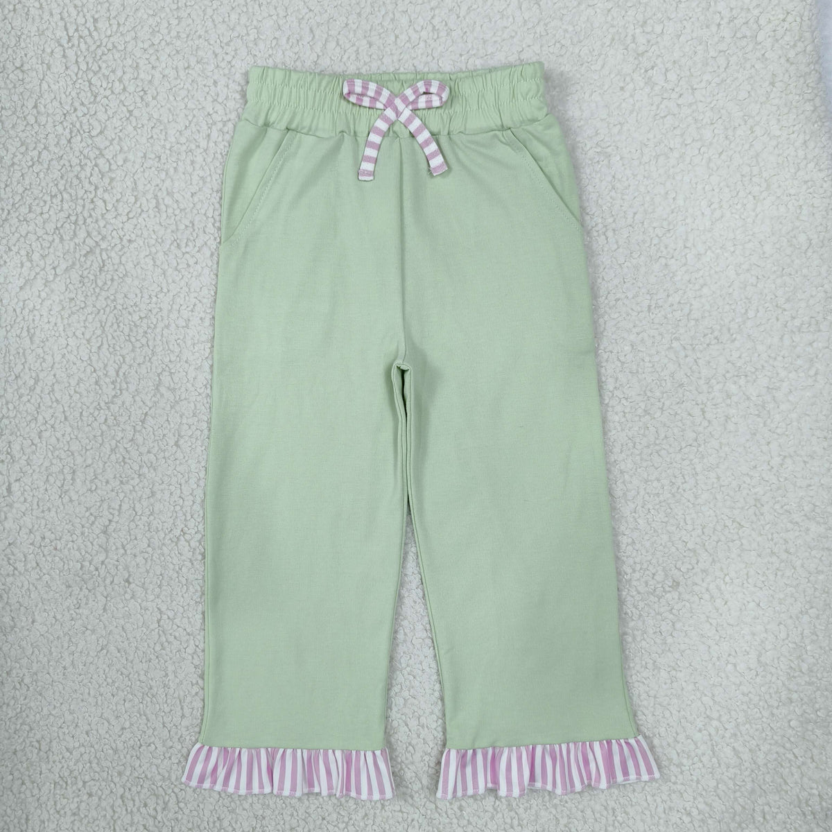 Baby Girls Kids Pockets Bows Cotton Pants Bottoms Light Green Clothes RTS