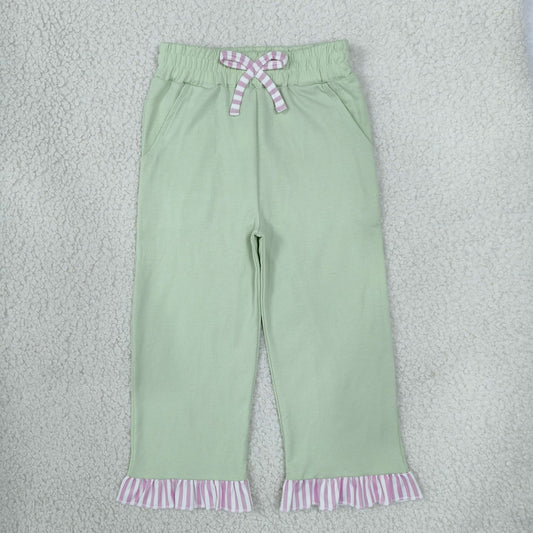 Baby Girls Kids Pockets Bows Cotton Pants Bottoms Light Green Clothes RTS