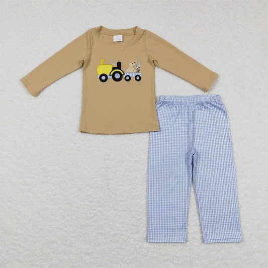 BLP0382 Baby Boy Long Sleeves Embroidery Tractor Dog Pants Hunting Outfit