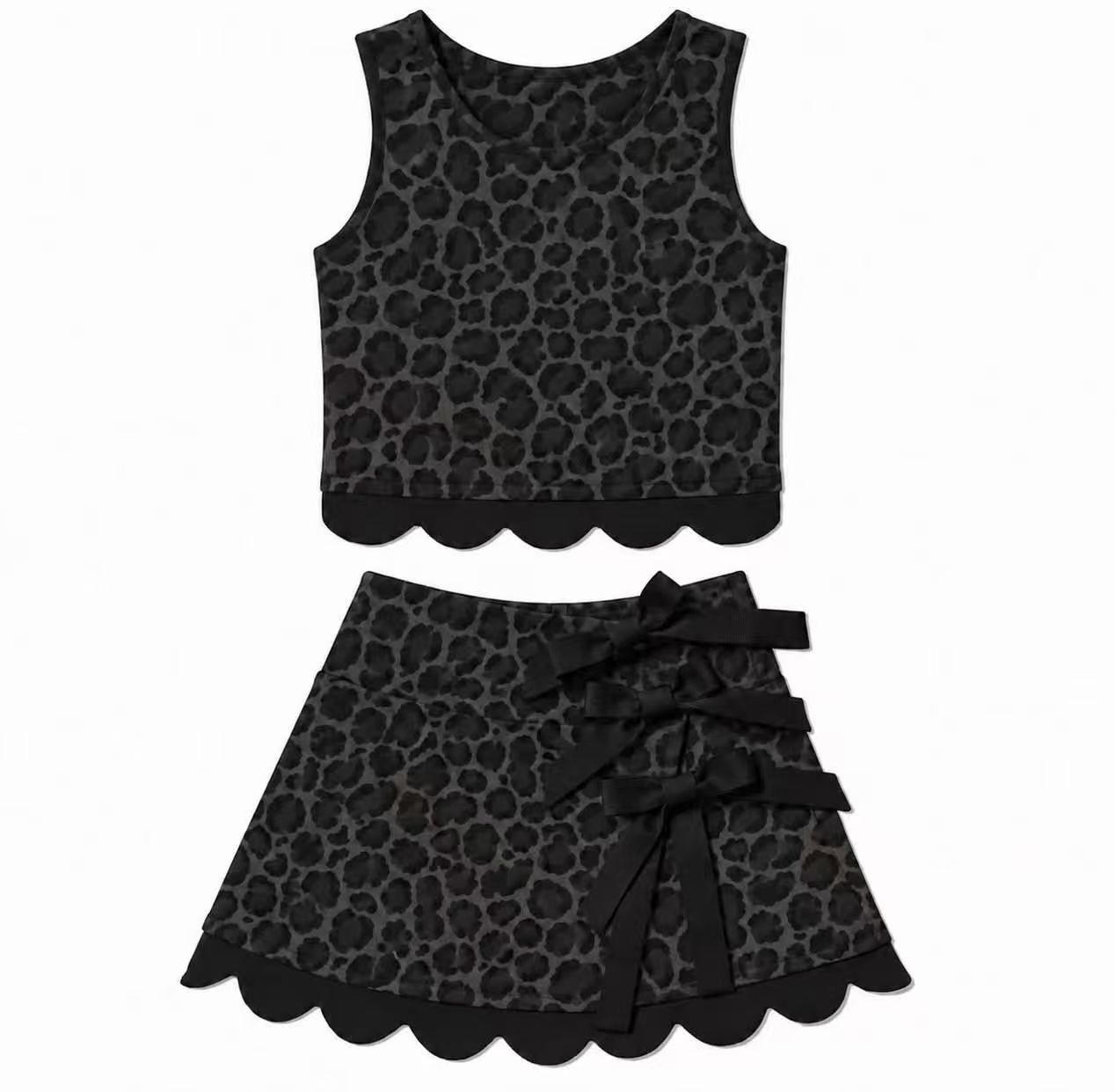 ( Moq 5 ) Preorder Baby Girls Kids Black Leopard Vest Bows Scallop Bows Skirt Shorts Yoga Active Set Clothes
