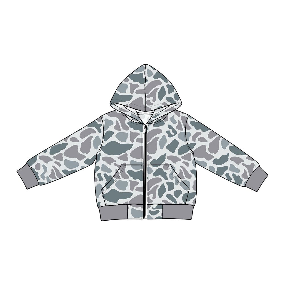 ( Moq 5 ) Preorder Baby Boys Kids Long Sleeves Hoodie Pockets Grey Camo Jacket Denim Clothes