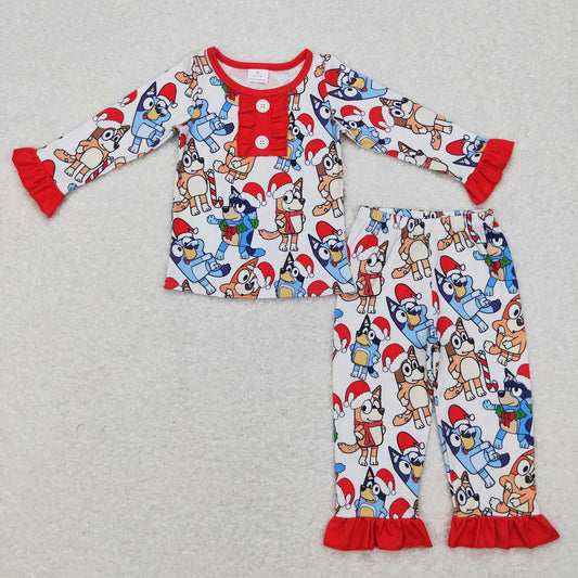 GLP0984 Baby Girl Christmas Long Sleeves Dogs Shirt  Pants Blue Outfit Pajamas