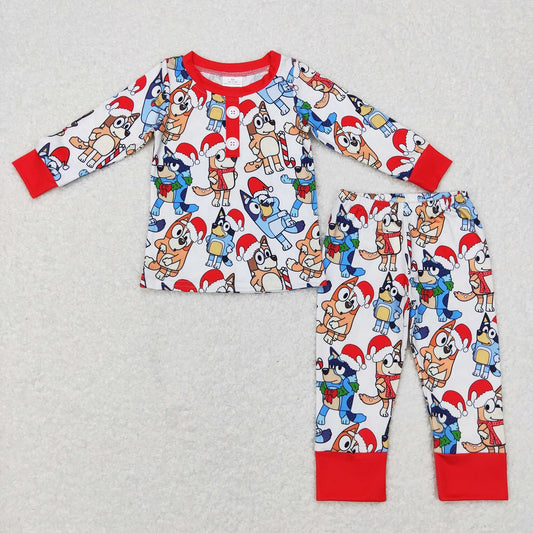 BLP0413 Baby Boy Christmas Long Sleeves Dogs Shirt Pants Blue Outfit Pajamas