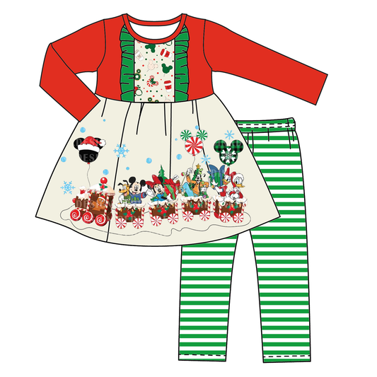 Baby Girl Christmas Mouse Tunic Green Stripes Pants Set