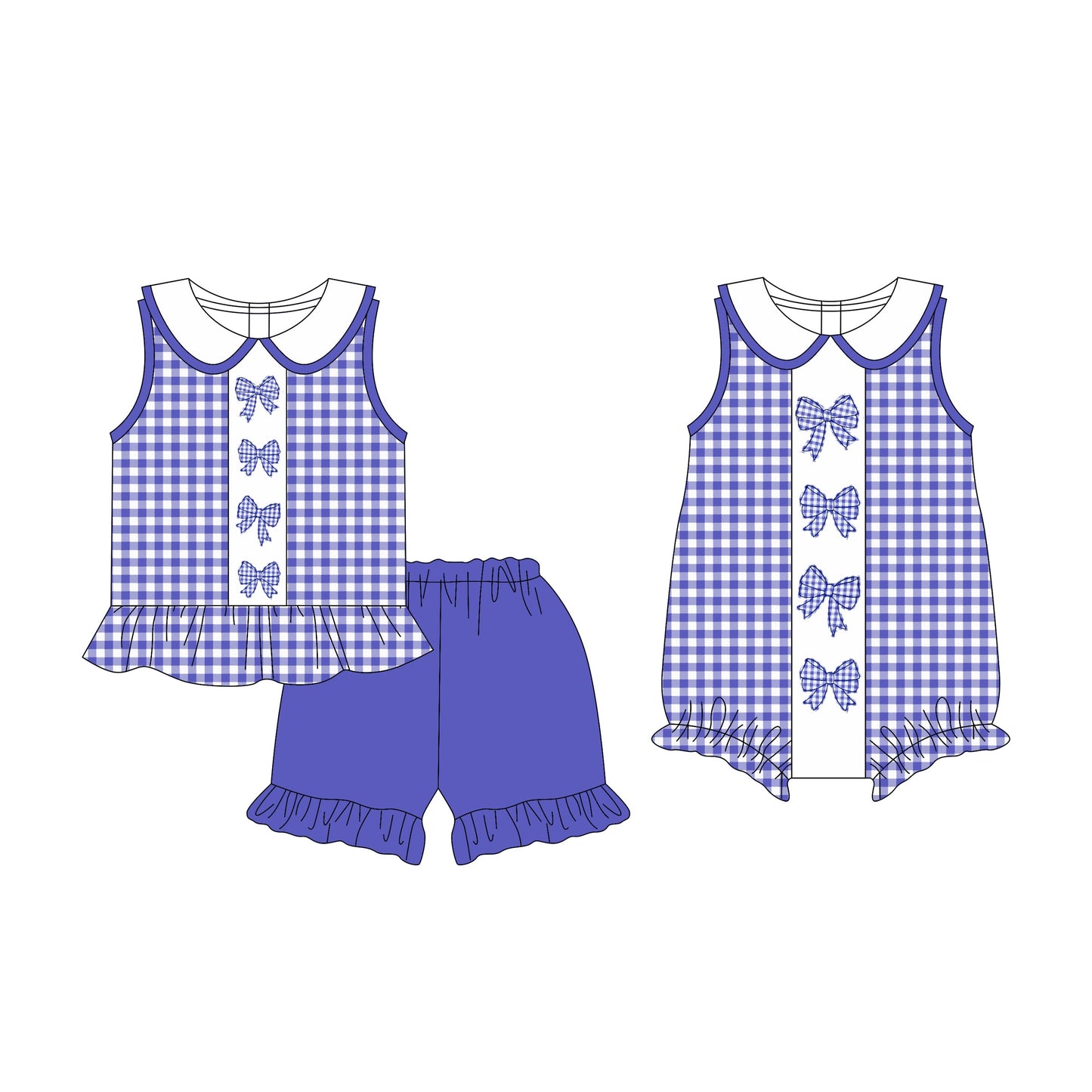 Baby Girl July 4th Blue Bows Checked Sibling Romper Set ( Moq 5 Each Style ) 3.17